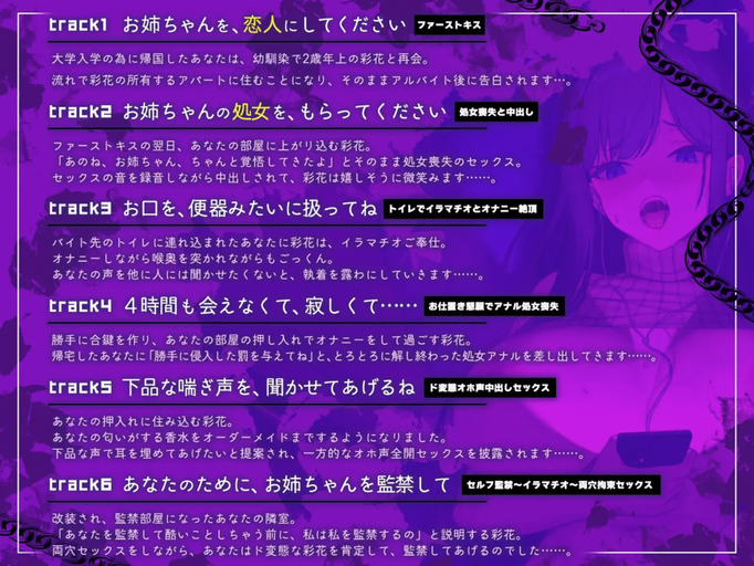 [RJ01375531][同人音声][中文字幕]あなたに執着するお姉ちゃんの、両穴ぐちゅぐちゅド変態セルフ監禁生活♡【KU100 収録】