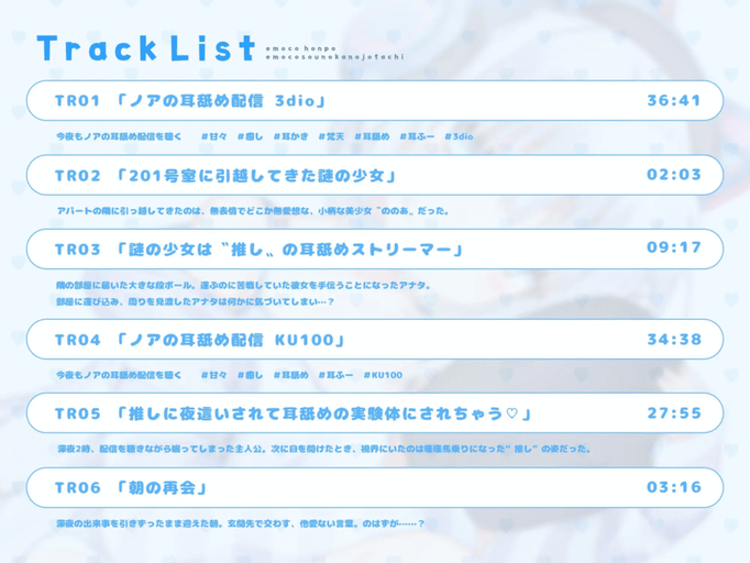 [RJ01366264][同人音声][全年龄]【4 時間耳舐め ASMR】201 号室に引越してきたダウナーストリーマーに耳舐めされまくる毎日 ～えもこ荘の彼女たち～